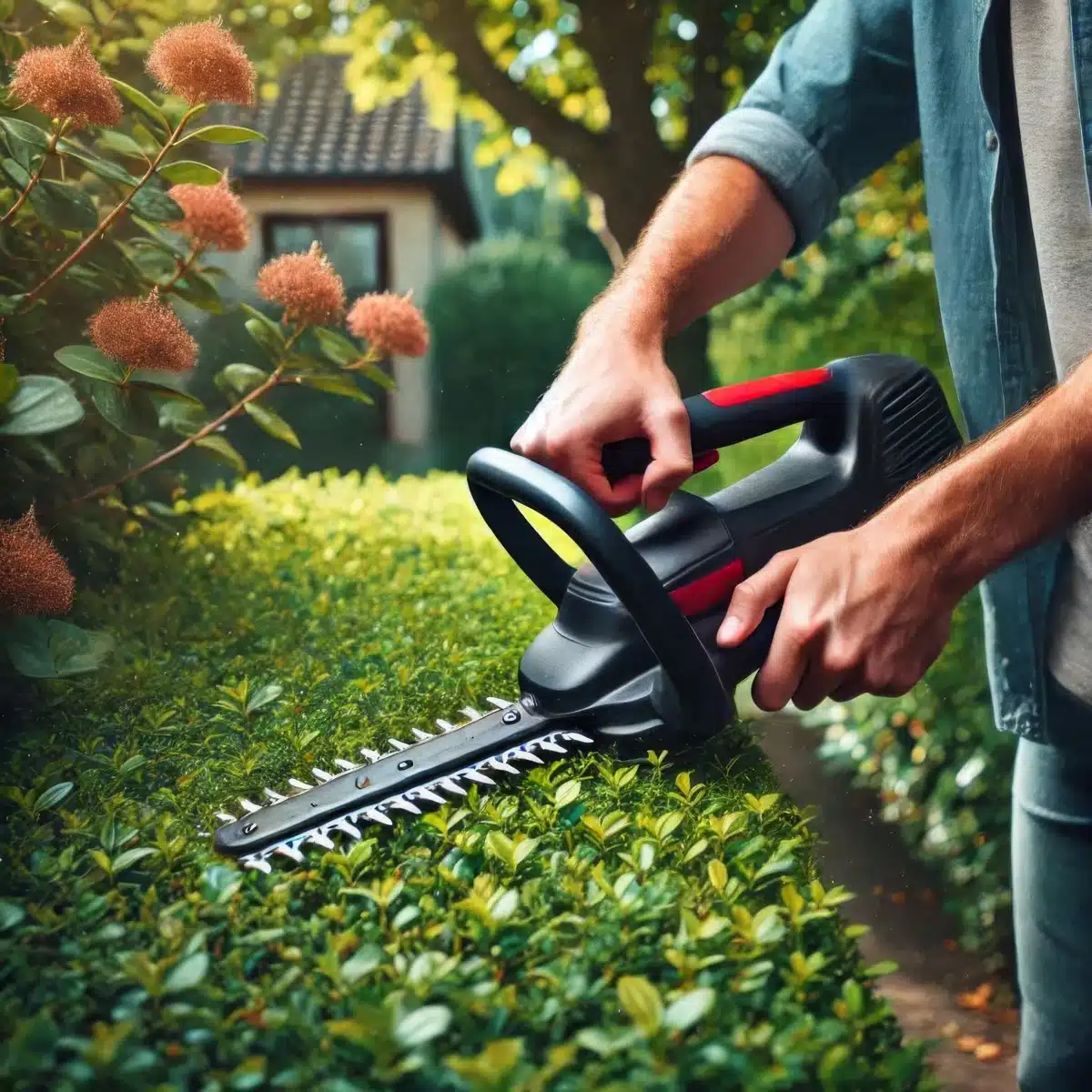 taille d’une haie avec un taille-haie électrique dans un jardin, entretien des arbustes pour un espace vert structuré

