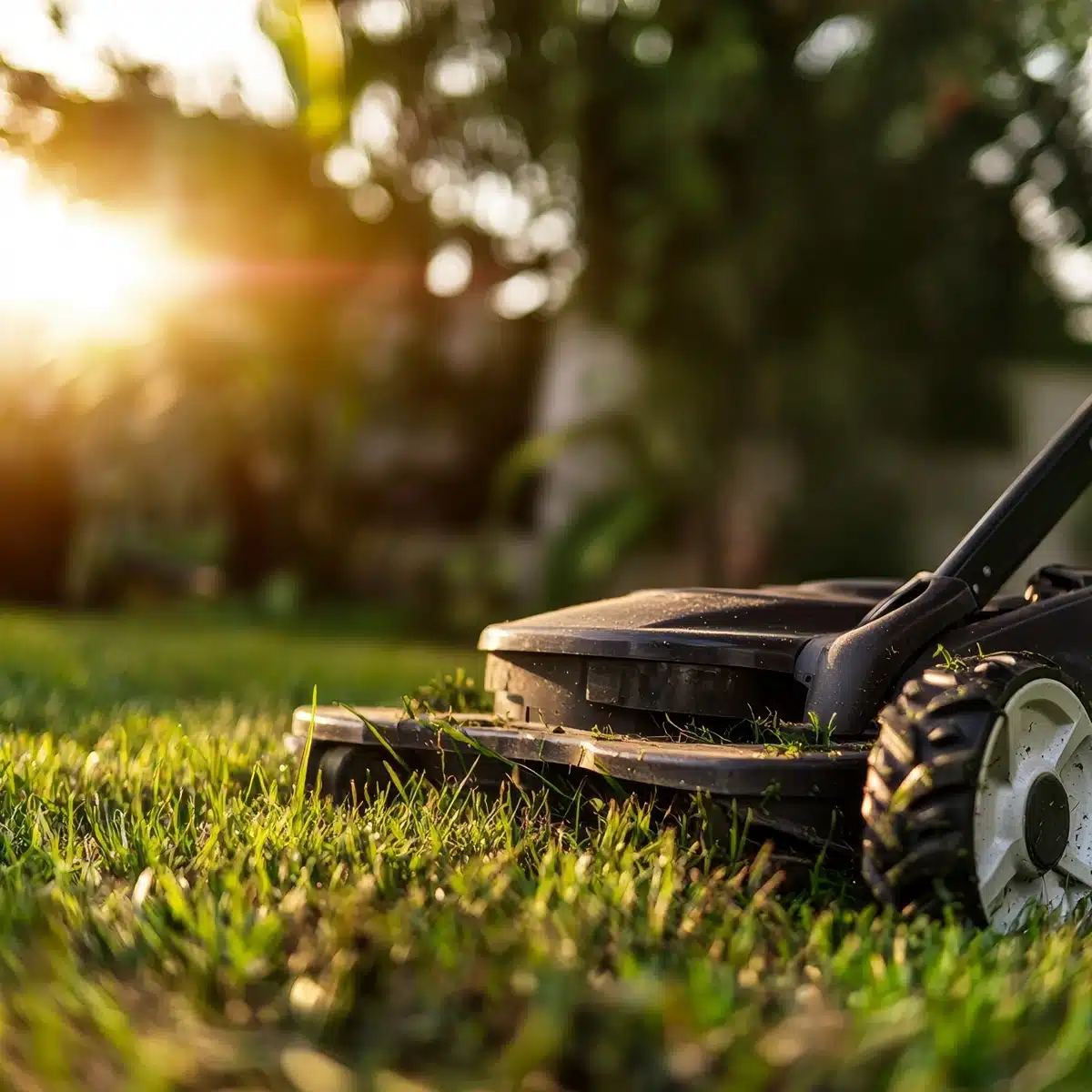 tonte de pelouse au lever du soleil avec une tondeuse dans un jardin, entretien de gazon pour un espace vert impeccable ​​







