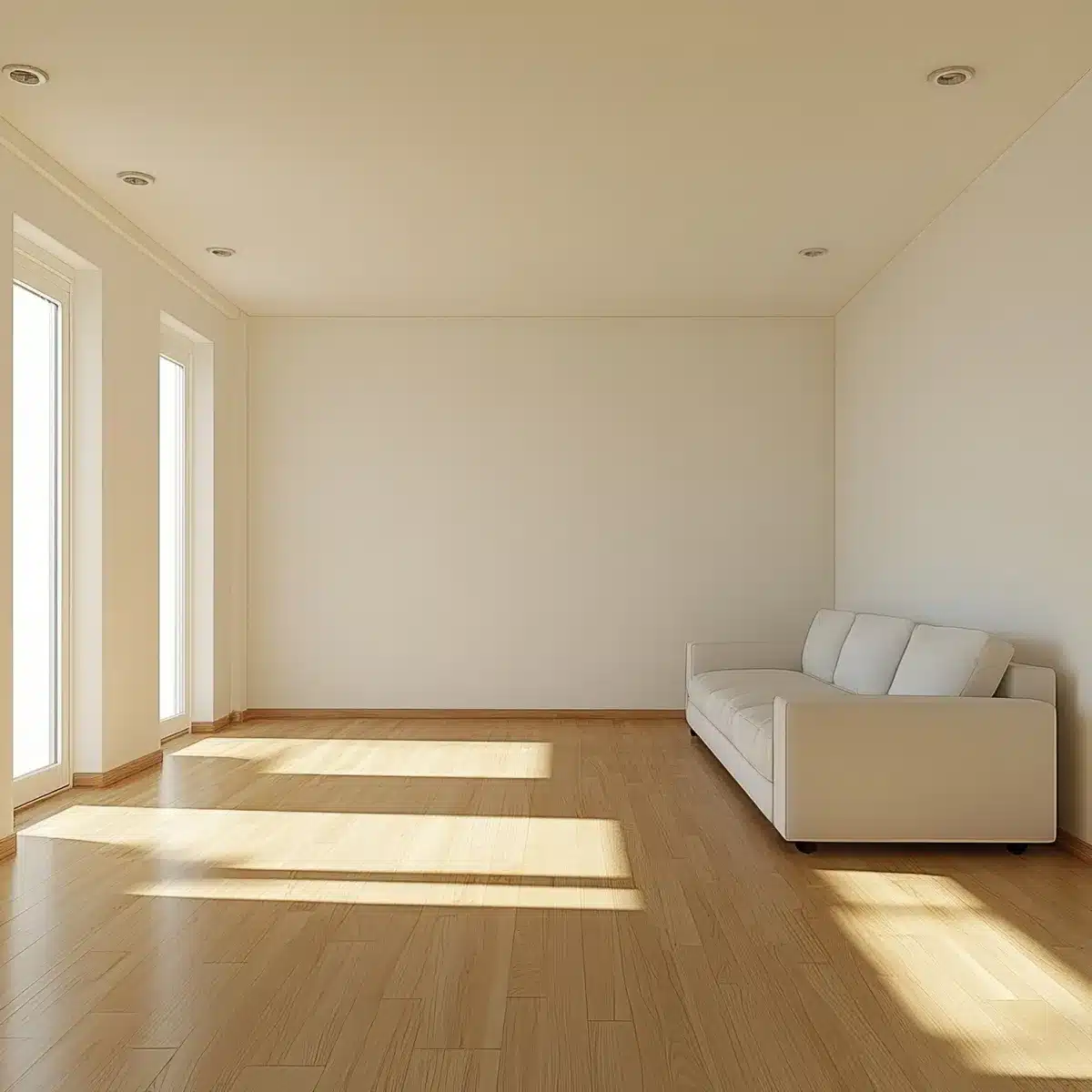 Salon vide avec un sol en bois propre, illustrant un nettoyage en profondeur après un déménagement pour un intérieur impeccable.