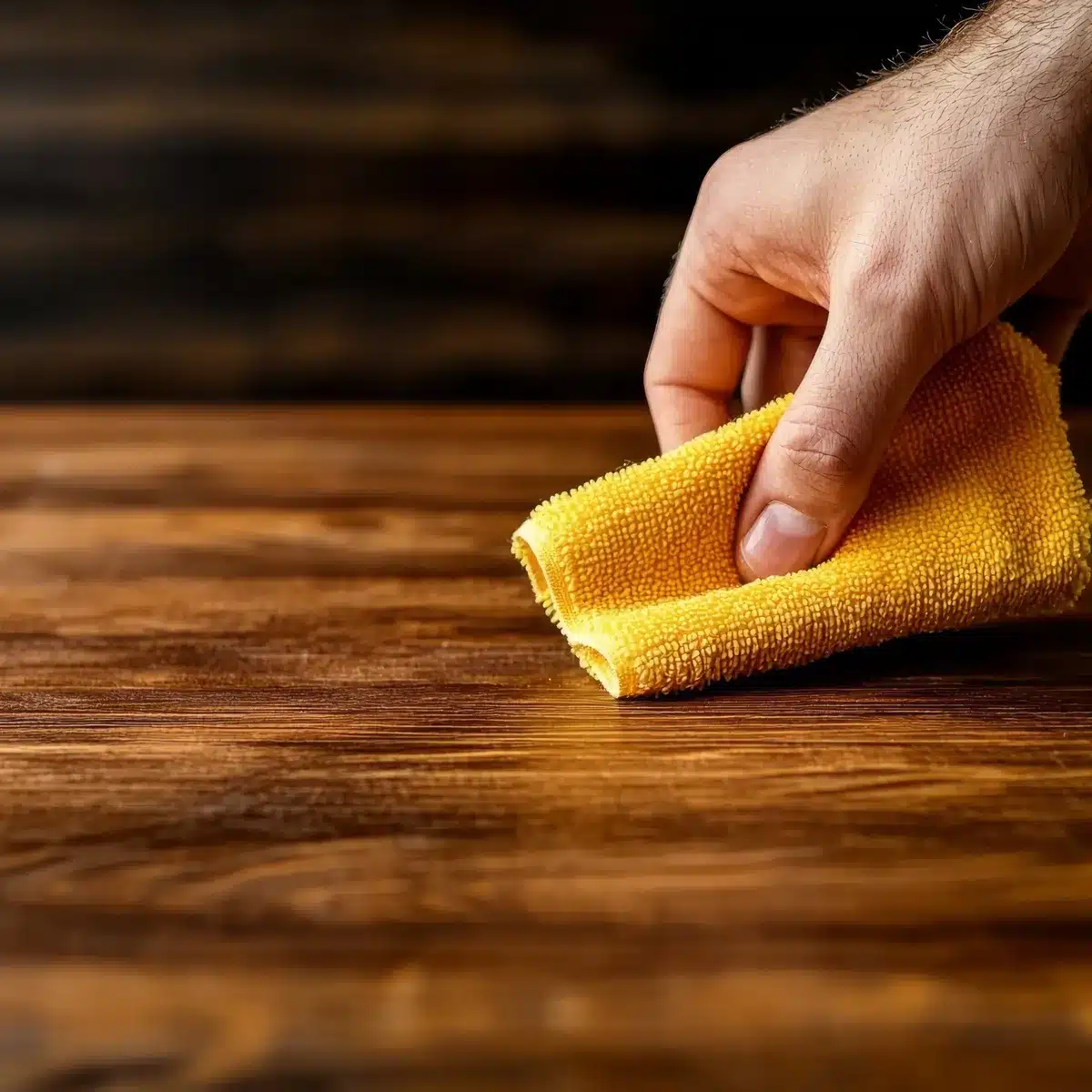 Main essuyant une table en bois avec un chiffon microfibre jaune, représentant un nettoyage minutieux des surfaces dans une maison.