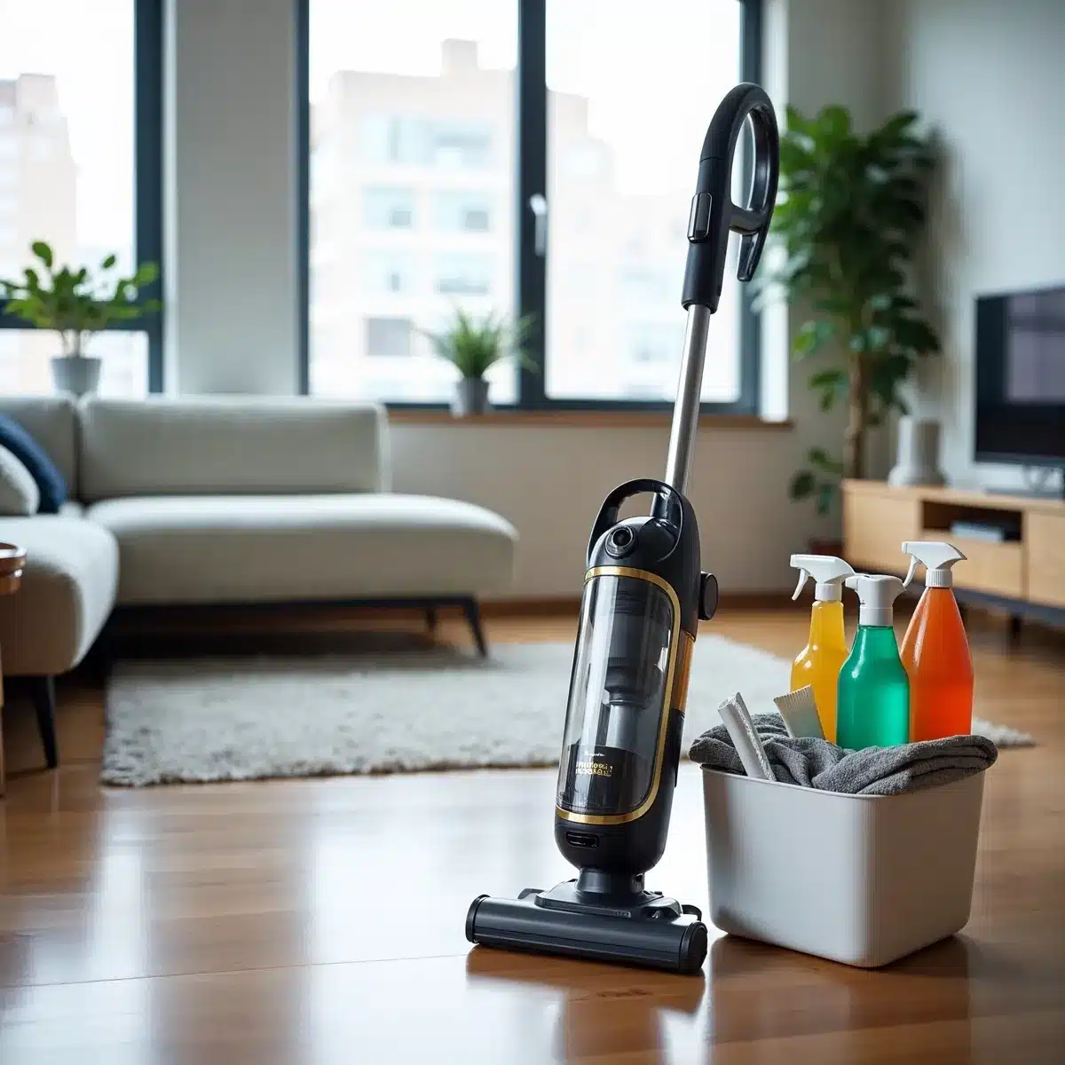 Aspirateur et produits d’entretien posés sur un sol propre, symbolisant un nettoyage maison complet avec des équipements adaptés